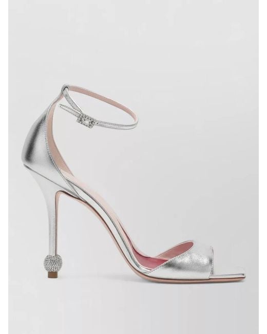 Roger Vivier White Sandals Embellished Heel Metallic Finish Open Toe