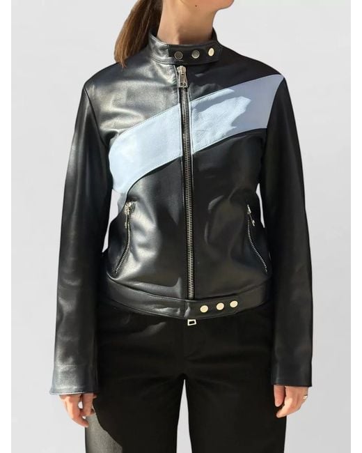 LA ROSE Black Leather Bomber Jacket Color Block Design