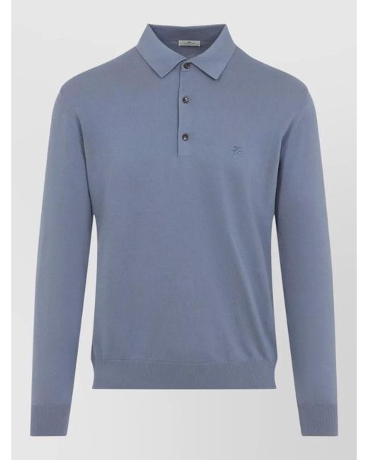Etro Blue Knitted Long Sleeve Cotton Polo Shirt for men