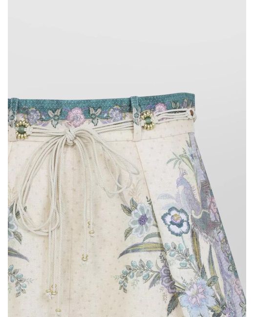 Zimmermann Blue Linen Floral-Print High-Rise Pleated Shorts
