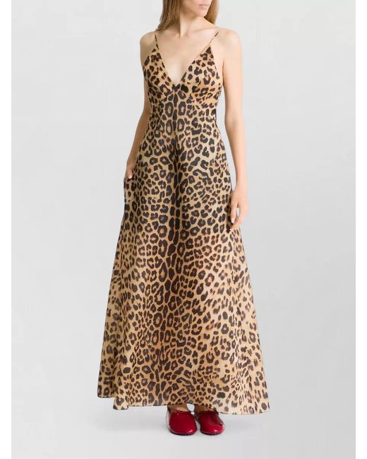 Alberta Ferretti Natural Animal Print Maxi Dress Spaghetti Straps Neckline