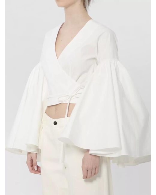Jacquemus White Cotton Wrap Cropped Blouse