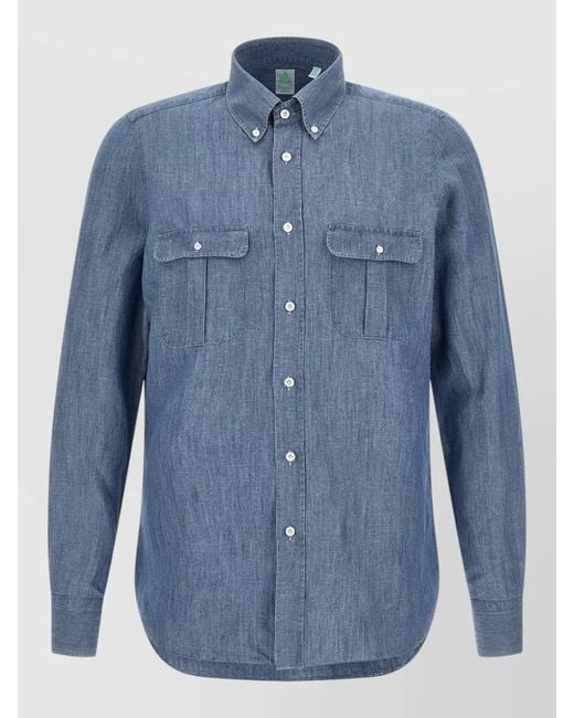 Finamore 1925 Blue Zurigo Shirt Button Collar Chest Pockets for men