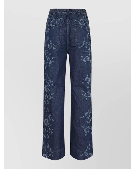 Pinko Blue Floral-Print High-Rise Wide-Leg Denim Trousers