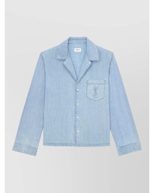Saint Laurent Blue Cassandre Chambray Shirt Contrasting Piping Collar