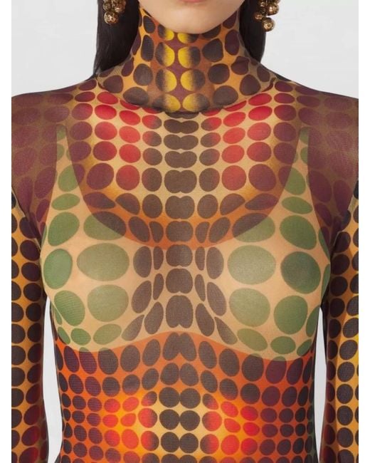 Jean Paul Gaultier Orange Printed High-Neck Long-Sleeve Midi Dress