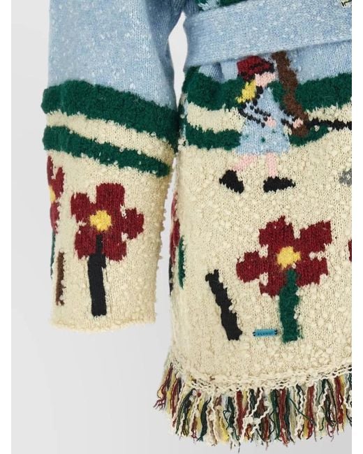 Alanui Blue Wool Jacquard Belted Fringed Cardigan