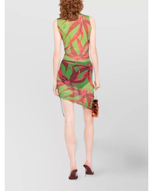 Louisa Ballou White Ruched Sleeveless Printed Mini Dress