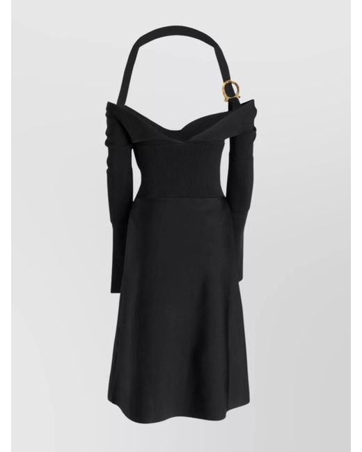 Ferragamo Black Viscose Off-Shoulder Long-Sleeve Flared Midi Dress