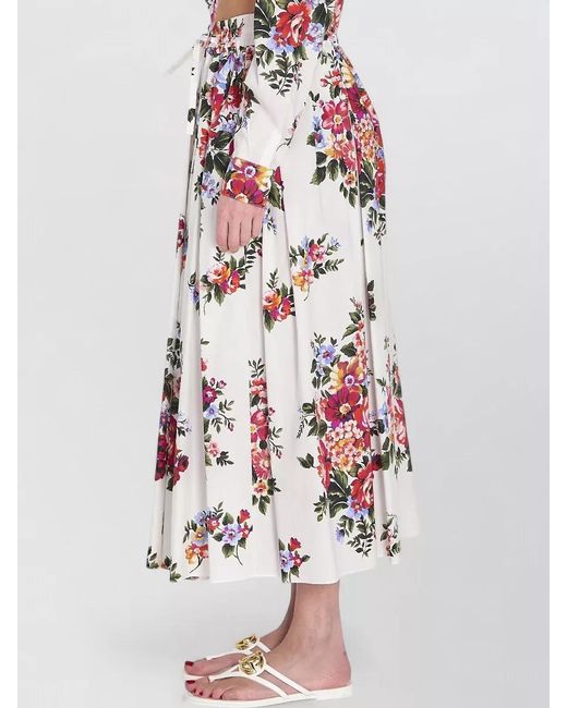 Dolce & Gabbana White Cotton Floral Print Pleated Maxi Skirt