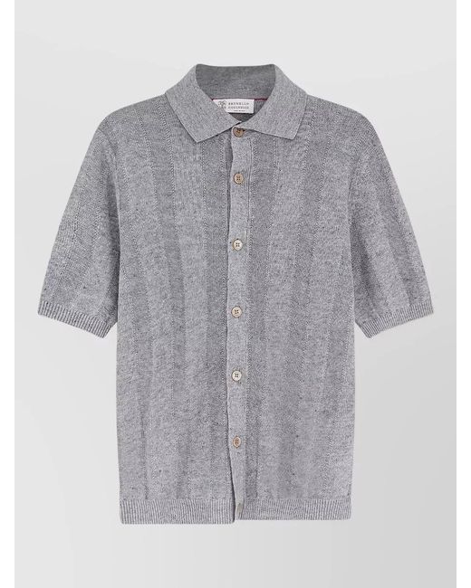 Brunello Cucinelli Gray Ribbed Linen And Cotton Blend Short-Sleeve Polo Shirt for men