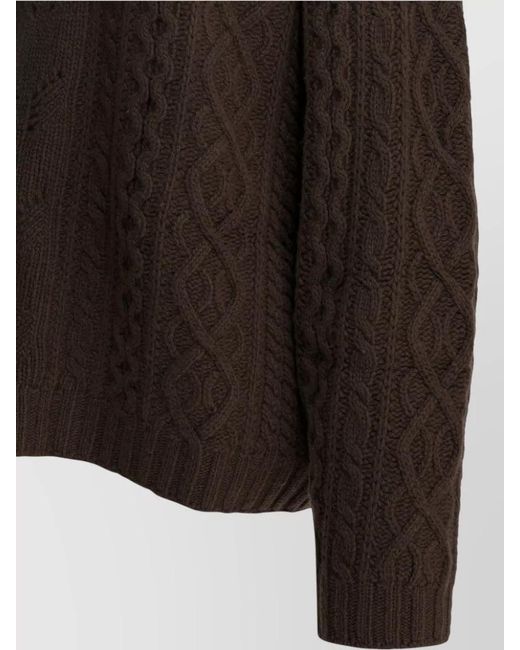 Sandbeige Brown Sweater Cable Pattern Crew Neck Long Sleeves