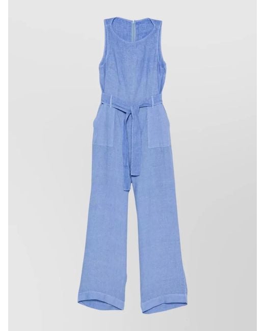 120% Lino Blue Linen Jumpsuit Belted Waist Wide Leg