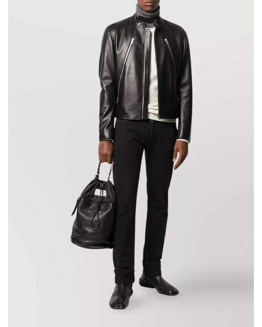 Maison Margiela Black Leather Zippered Pockets Mock Neck Jacket for men