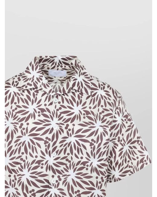 Prada White Silk Blend Floral Print Short Sleeve Bowling Shirt for men