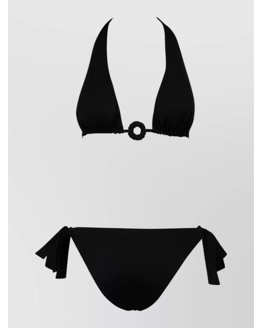 Fisico Black Triangle Bikini Top Ruffles Ring Detail