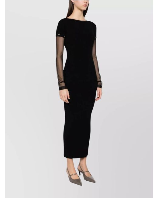 Sportmax Black Fine-Knit Boat Neck Short-Sleeve Midi Dress With Detachable Long Sleeves