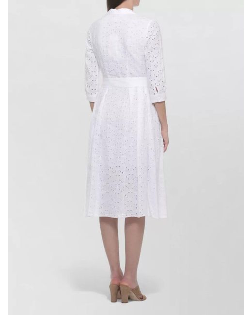 120% Lino White Linen Belted Cutout Shirt Midi Dress