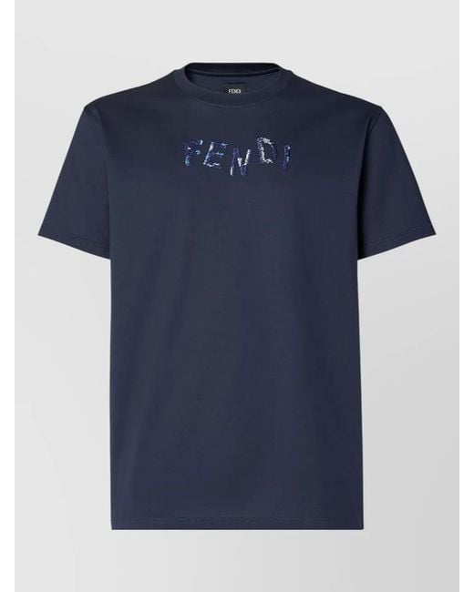 Fendi Blue Short Sleeve Crew Neck Cotton T Shirt for men
