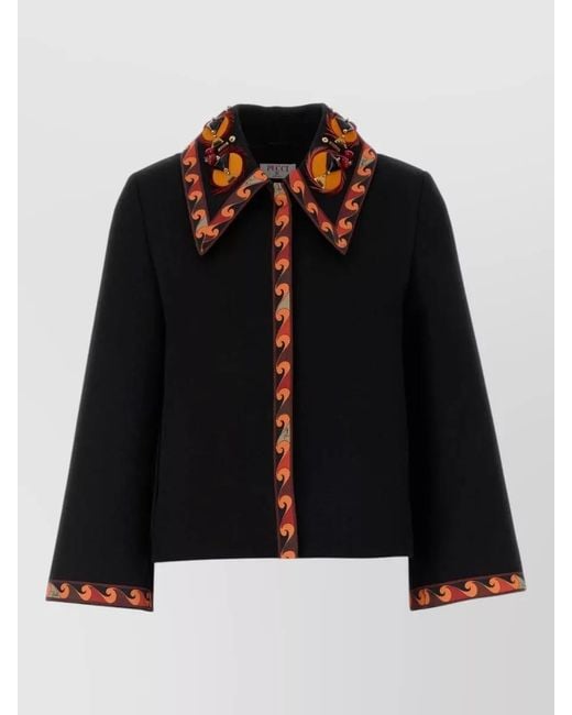 Emilio Pucci Black Gabardine Blazer Embroidered Collar And Cuffs