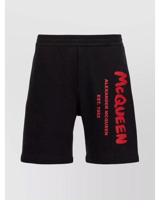 McQueen Black Cotton Logo-Print Bermuda Shorts for men
