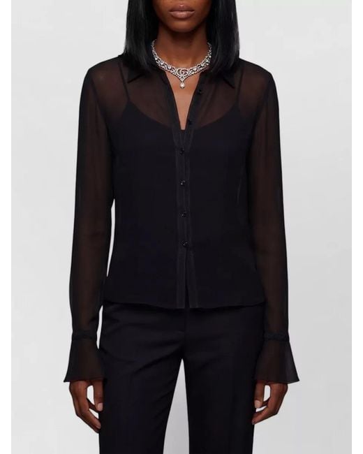 Gucci Blue Silk Lace-Trim Long-Sleeve Blouse