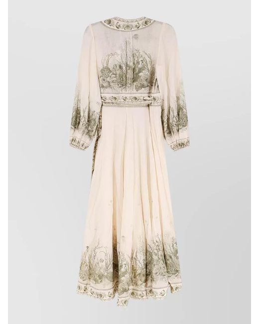 Zimmermann Natural Cotton Printed V-Neck Long-Sleeve Wrap Midi Dress