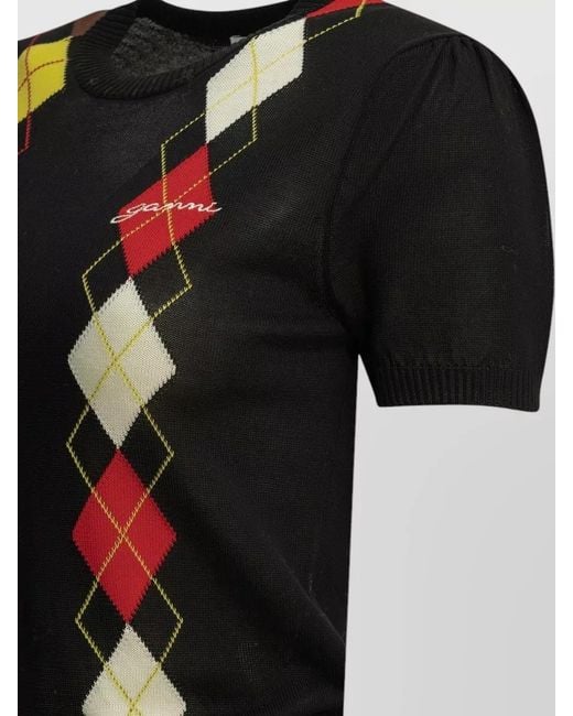 Ganni Black Argyle Knit Crewneck Short Sleeve Sweater