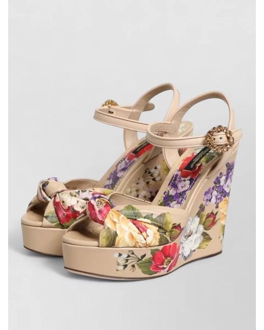 Dolce & Gabbana Natural Leather Floral Ankle Strap Wedge Sandals