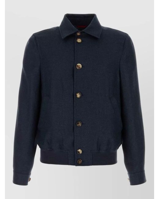 Brunello Cucinelli Blue Silk Linen Wool Hopsack Bomber Jacket for men