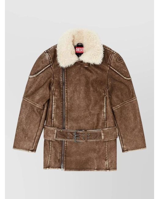 DIESEL Brown Belted Aviator Biker Jacket Removable Collar