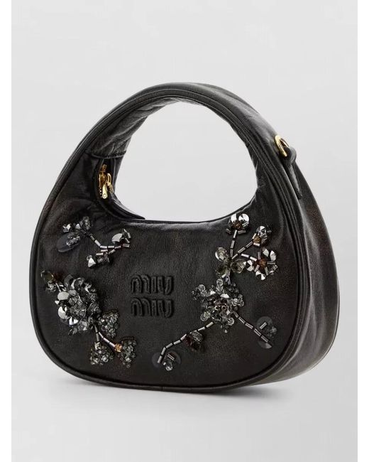 Miu Miu Black Nappa Leather Handbag Floral Embellished Handle