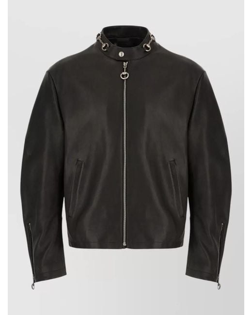 Gucci Black Leather Jacket High Collar Long Sleeves for men