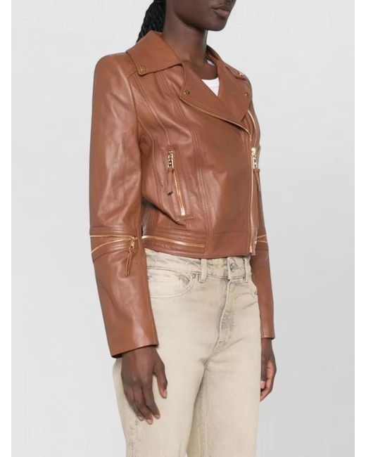 Elisabetta Franchi Brown Leather Coat Notched Lapels Tone Hardware
