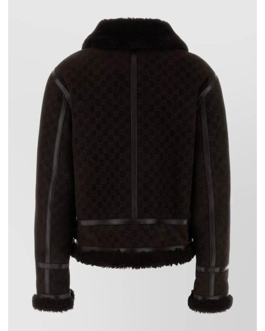 Gucci Black Shearling Collar Leather Trim Jacket Pockets