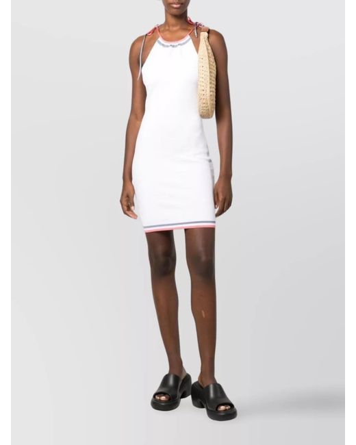 Fendi White Knitted Halterneck Sleeveless Logo Intarsia Mini Dress