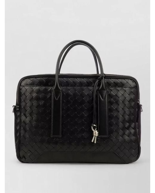 Bottega Veneta Black Rectangular Briefcase Woven Texture Dual Handles Strap for men