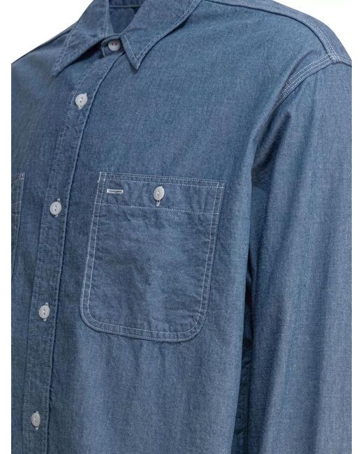 Beams Plus Blue Chambray Shirt Button Down Collar Pockets for men