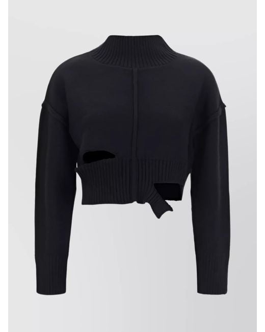 MM6 by Maison Margiela Blue Virgin Wool Blend Distressed Cutout Cropped Turtleneck Sweater
