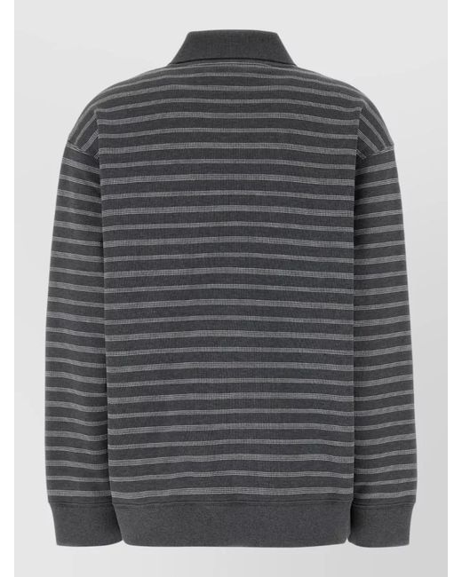 Miu Miu Gray Embroidered Cotton Striped Long Sleeve Polo Shirt