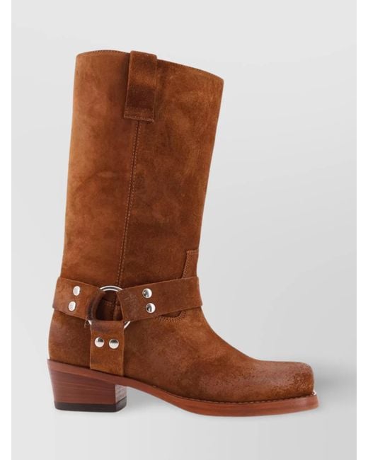Paris Texas Brown Waxed Suede Mid-Calf Boots With Squared Toe