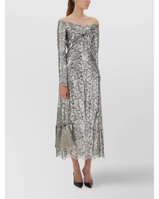 Rabanne Gray Floral Lace Off-The-Shoulder Long-Sleeve Midi Dress