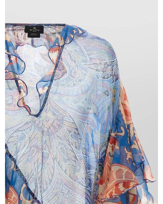 Etro Blue Silk Floral-Print Ruffled V-Neck Long-Sleeve Blouse