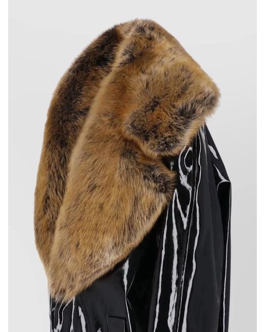 Saint Laurent Multicolor Long Coat Faux Fur Collar Glossy Finish