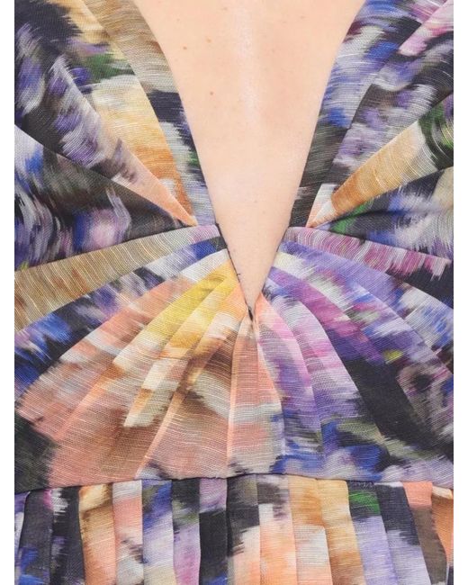 Zimmermann Multicolor Floral V Neck Pleated Cotton Linen Dress