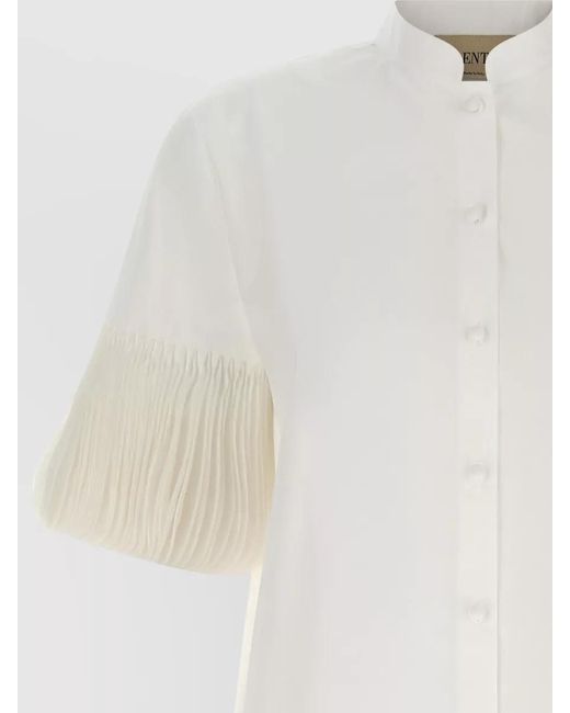 Valentino Garavani White Poplin Shirt Embroidered Mandarin Collar Pleated Sleeves