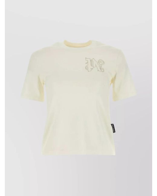 Palm Angels White Cotton Monogram Embroidered Ribbed Crew Neck Short Sleeve T-Shirt