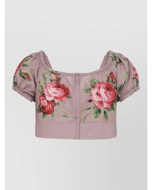 Dolce & Gabbana Pink Cotton Floral-Print V-Neck Cropped Blouse