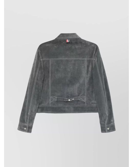 Thom Browne Gray Calf Leather Contrast Stitching Shirt Jacket for men