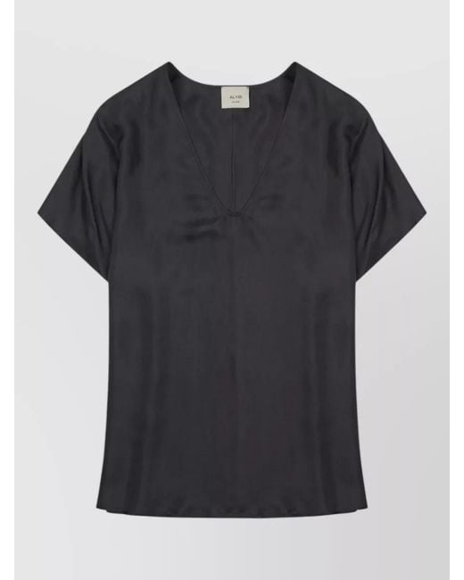 Alysi Black Silk Twill Blouse Regular Fit V Neck